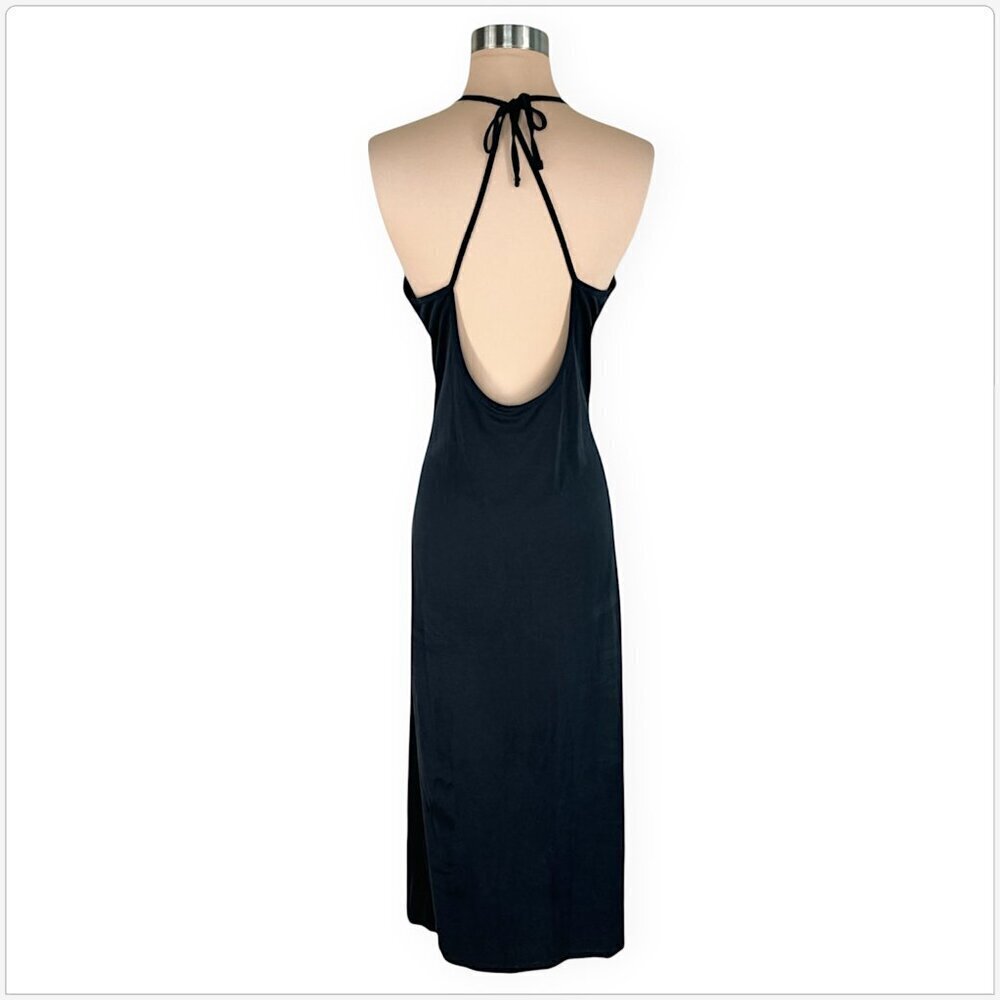 Club Monaco Long Black Sandwash Knit Maxi Stretch Open Back Dress NWT New M - Picture 3 of 5